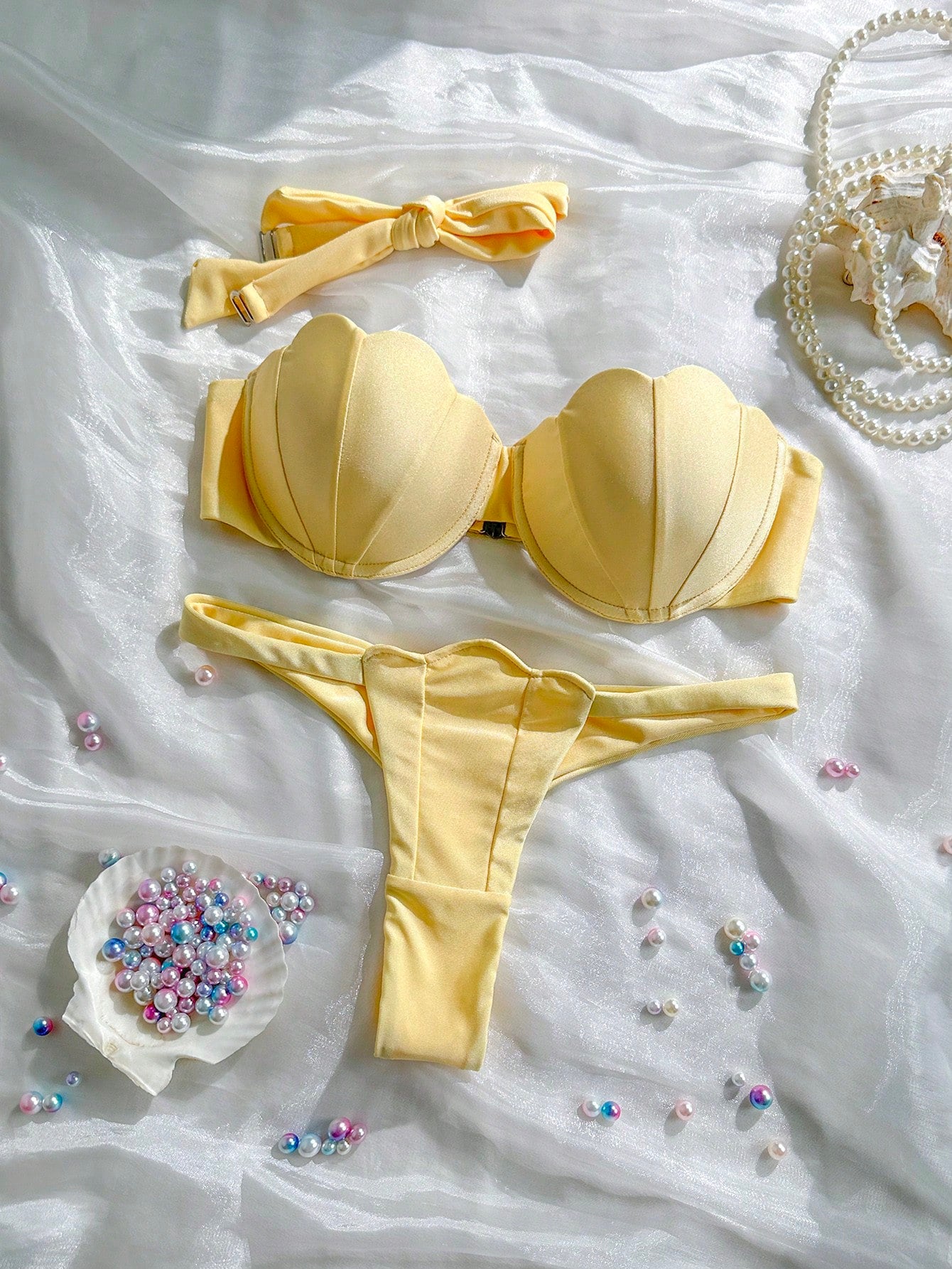 Swim Mod Petal Patchwork Hard Cup Detachable Strap Solid Color Sexy 2