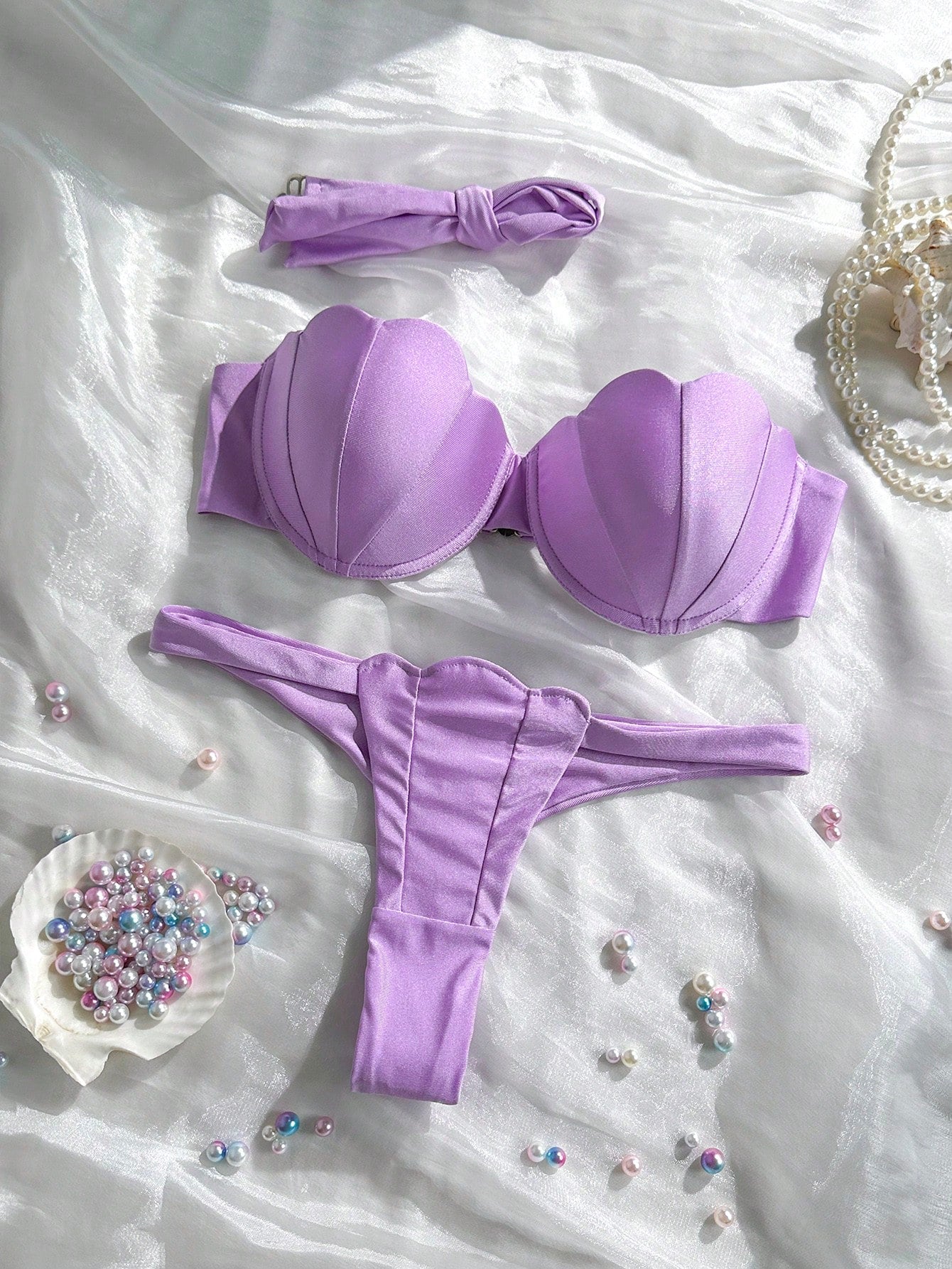 Swim Mod Petal Patchwork Hard Cup Detachable Strap Solid Color Sexy 2