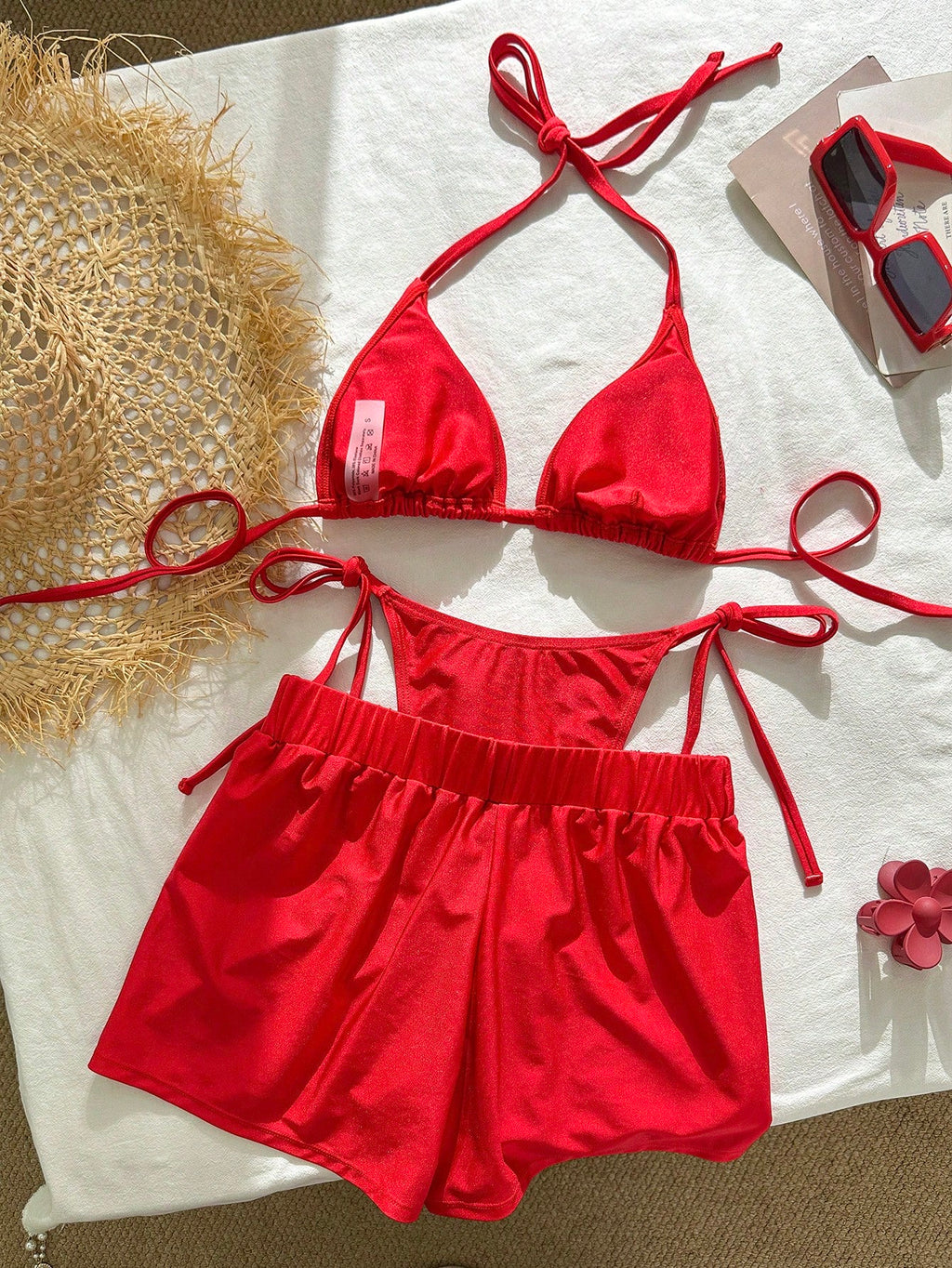 Swim Vcay Light Blue Striped 3 Pieces Bikini Set With Shorts,Summer