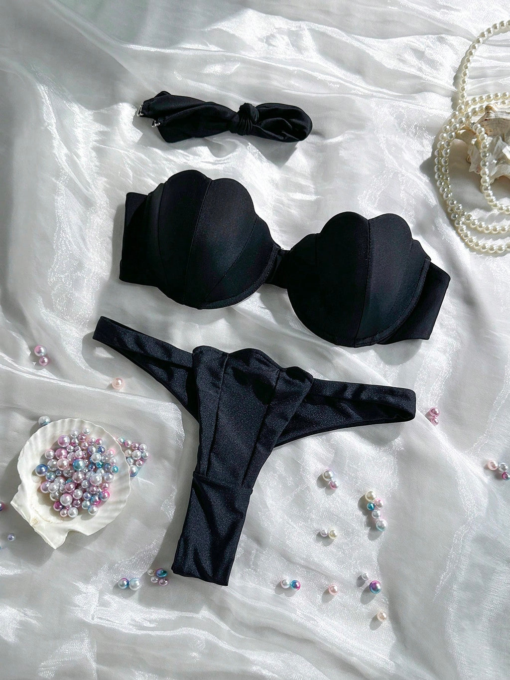 Swim Mod Petal Patchwork Hard Cup Detachable Strap Solid Color Sexy 2 Pieces Swimwear