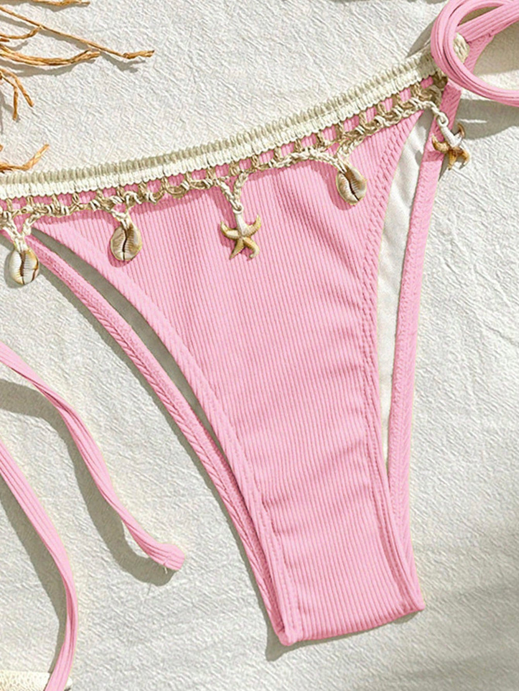 Bikinx Women's Solid Color Satin Ribbon & Shell Decor Triangle Cup