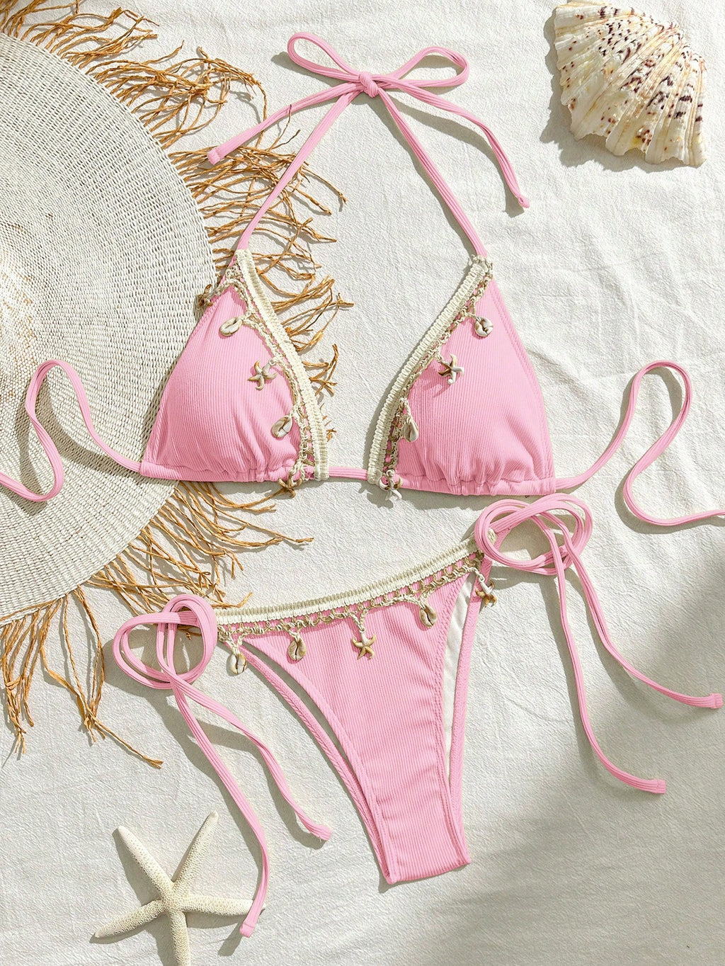 Bikinx Women's Solid Color Satin Ribbon & Shell Decor Triangle Cup