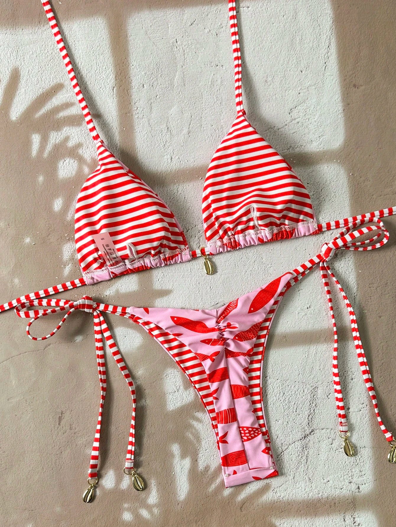 Swim Vcay Springbreak Women's Shell Print Halter Tie Bikini Set,Pink