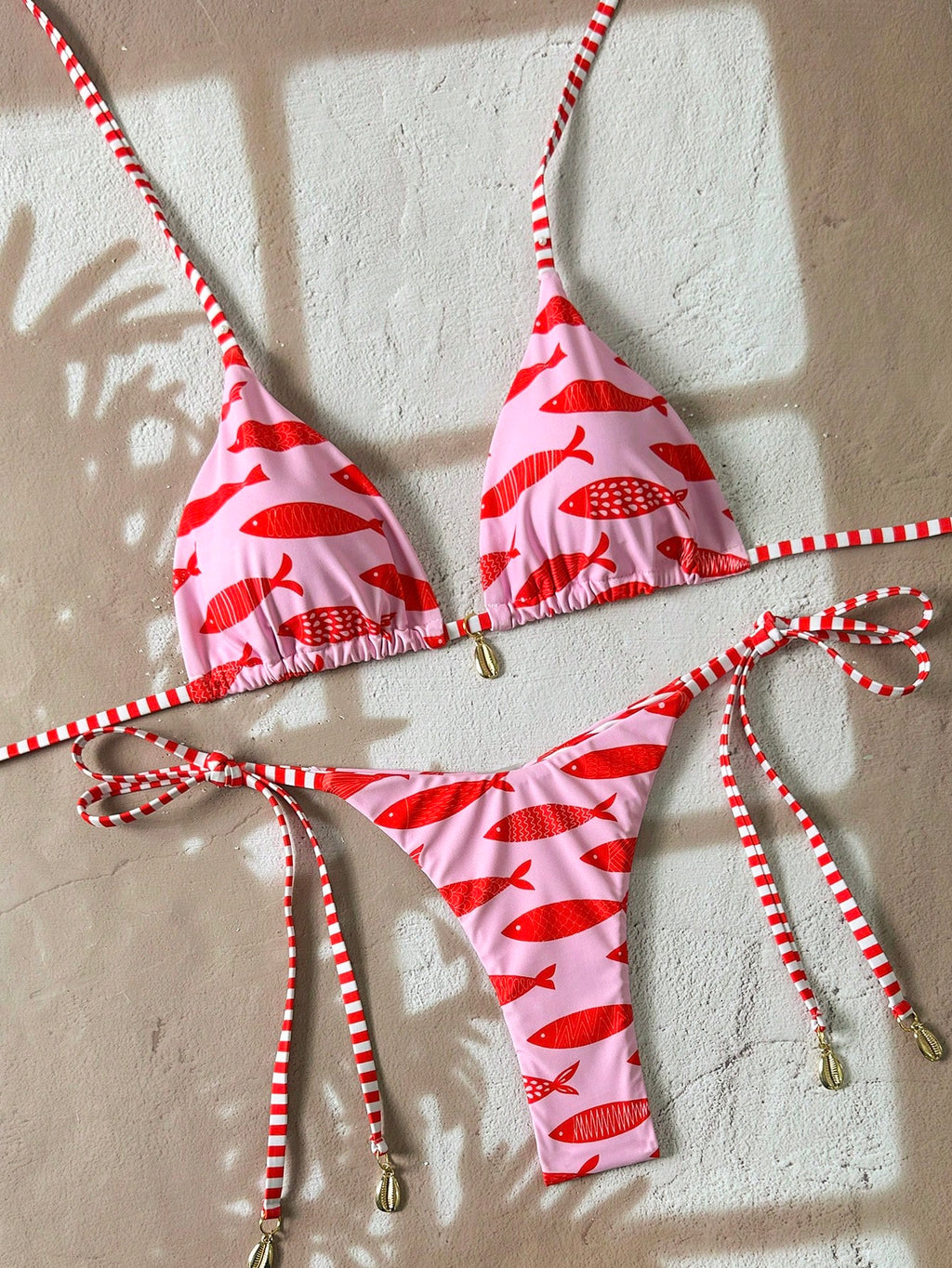 Swim Vcay Springbreak Women's Shell Print Halter Tie Bikini Set,Pink