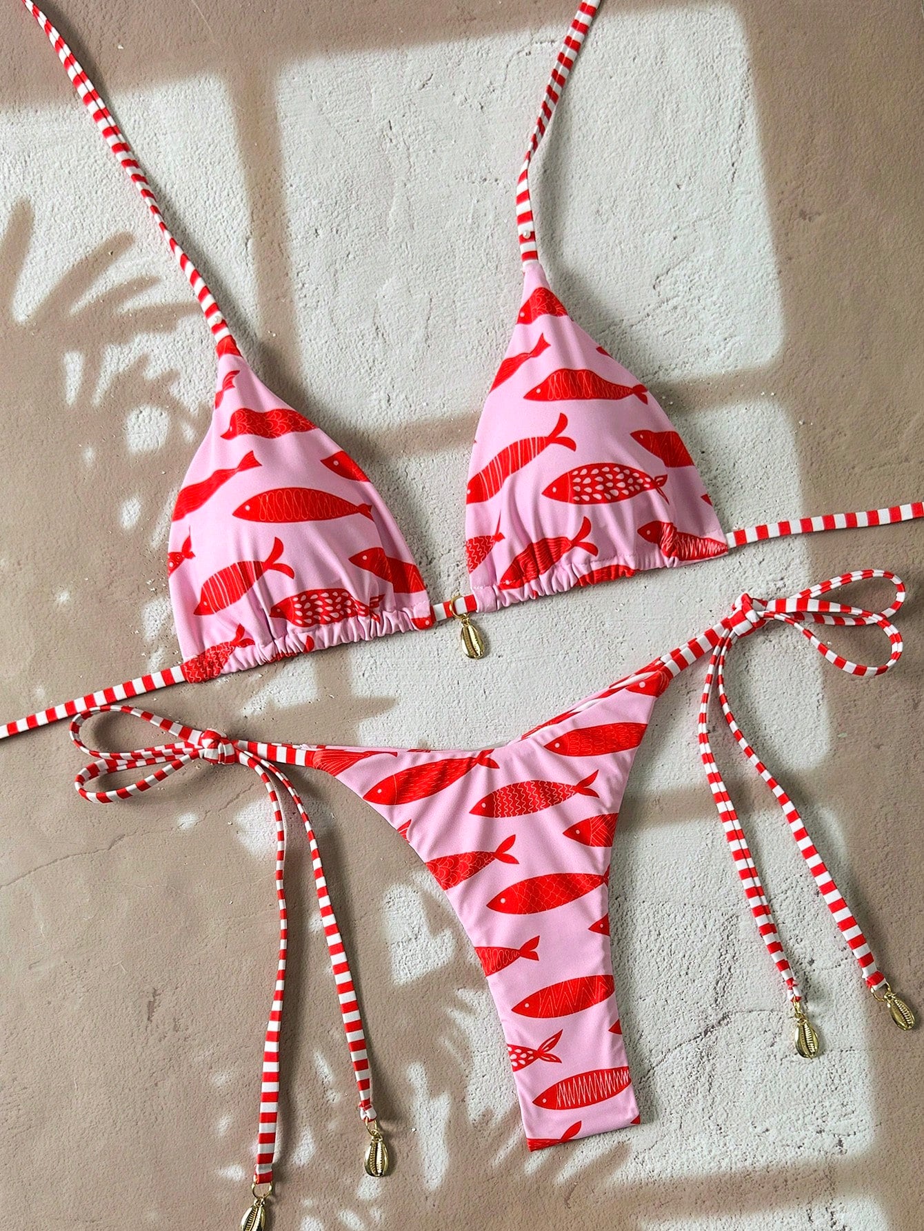 Swim Vcay Springbreak Women's Shell Print Halter Tie Bikini Set,Pink
