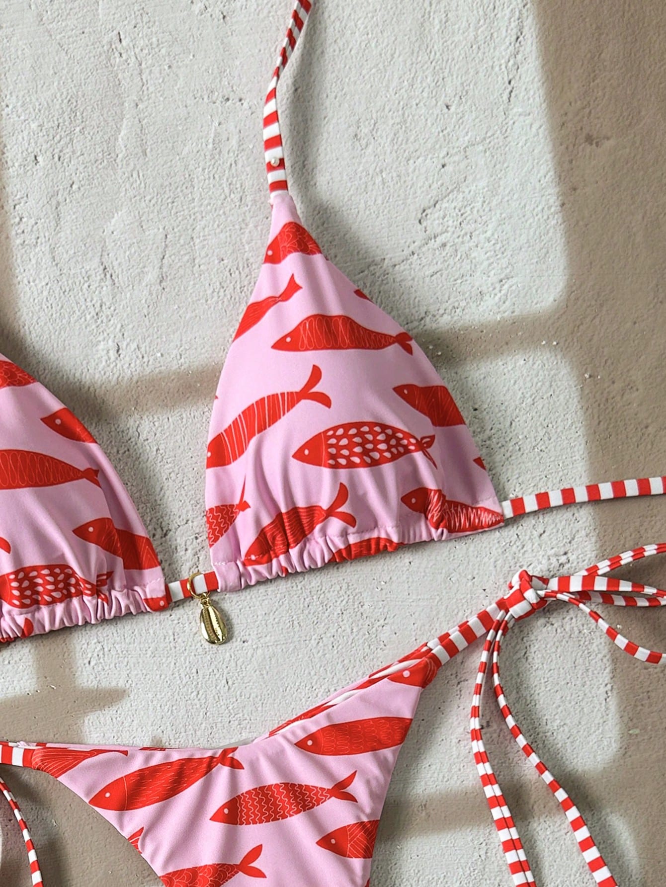 Swim Vcay Springbreak Women's Shell Print Halter Tie Bikini Set,Pink