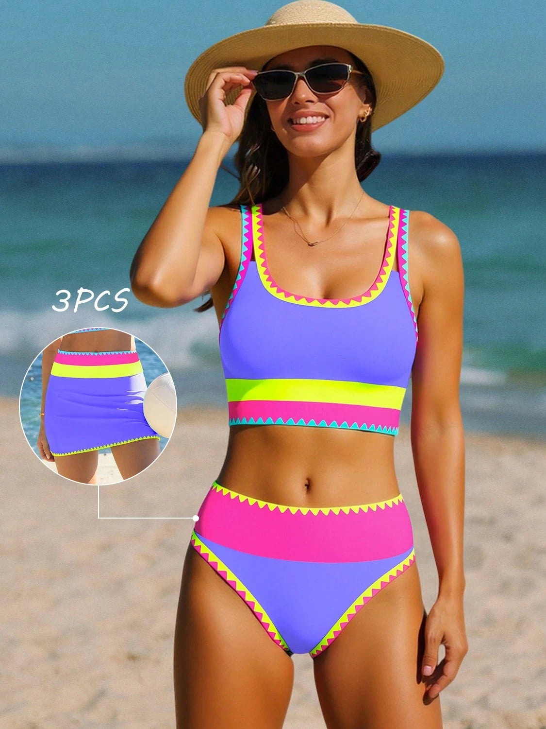 popvil Women Sporty Color-Blocked Shell Trim Bikini Three Pieces Set