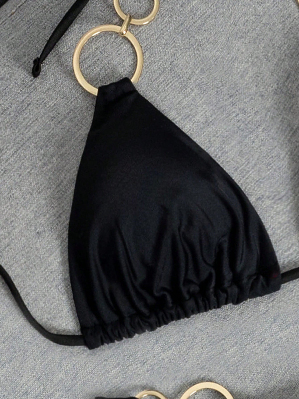 Swim SXY Women's Plain Black Halter Thong Bikini Set With Ring Embellishments Fabric Swimwear Short - image 6