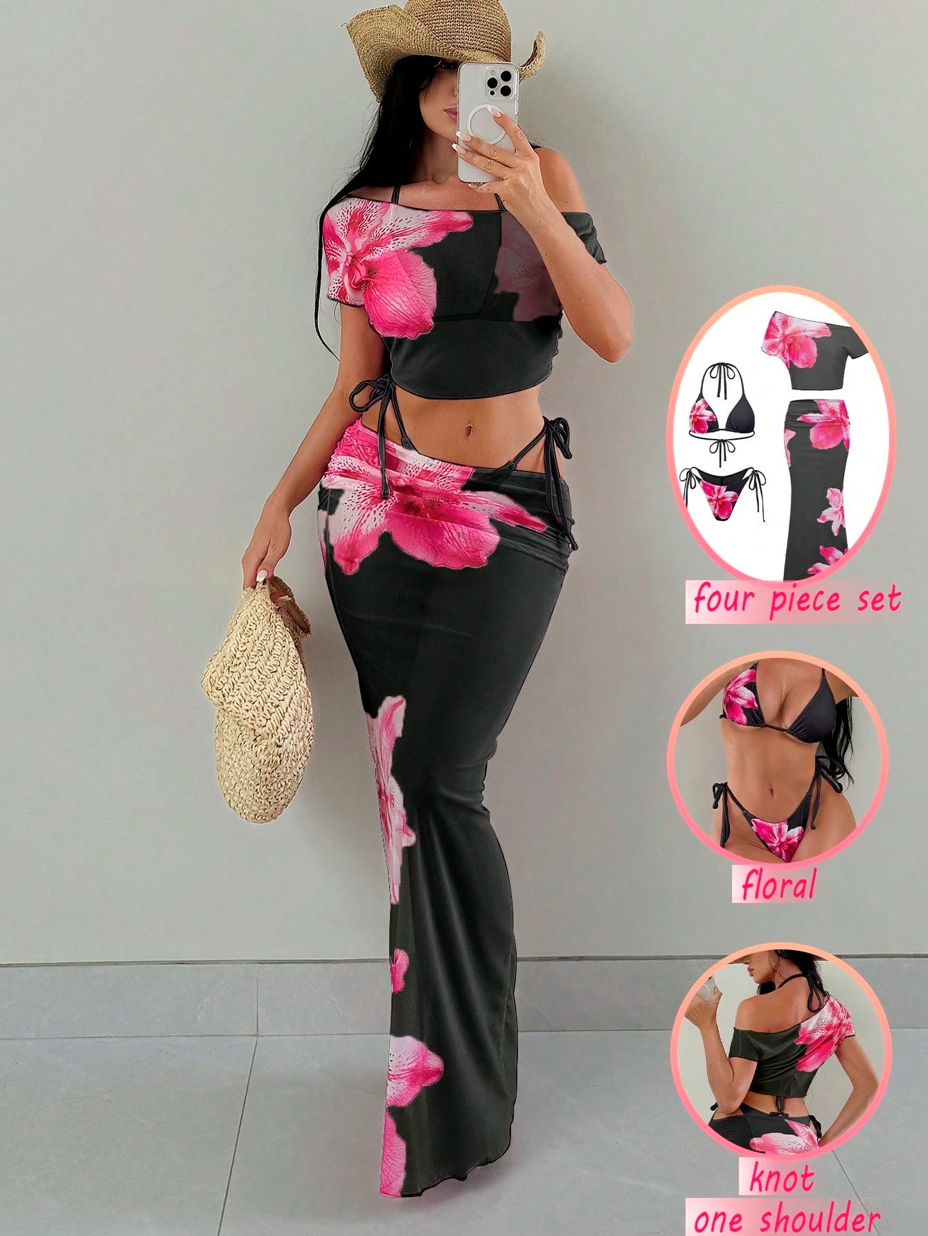 Swim SXY 4pcs Women's Pink Summer Casual Holiday Vacation Holiday Set:Halter Nec