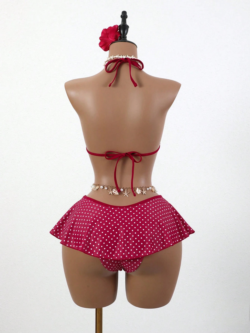 Swim Mod Women Red And White Polka Dot Bikini Set,Summer Tropical