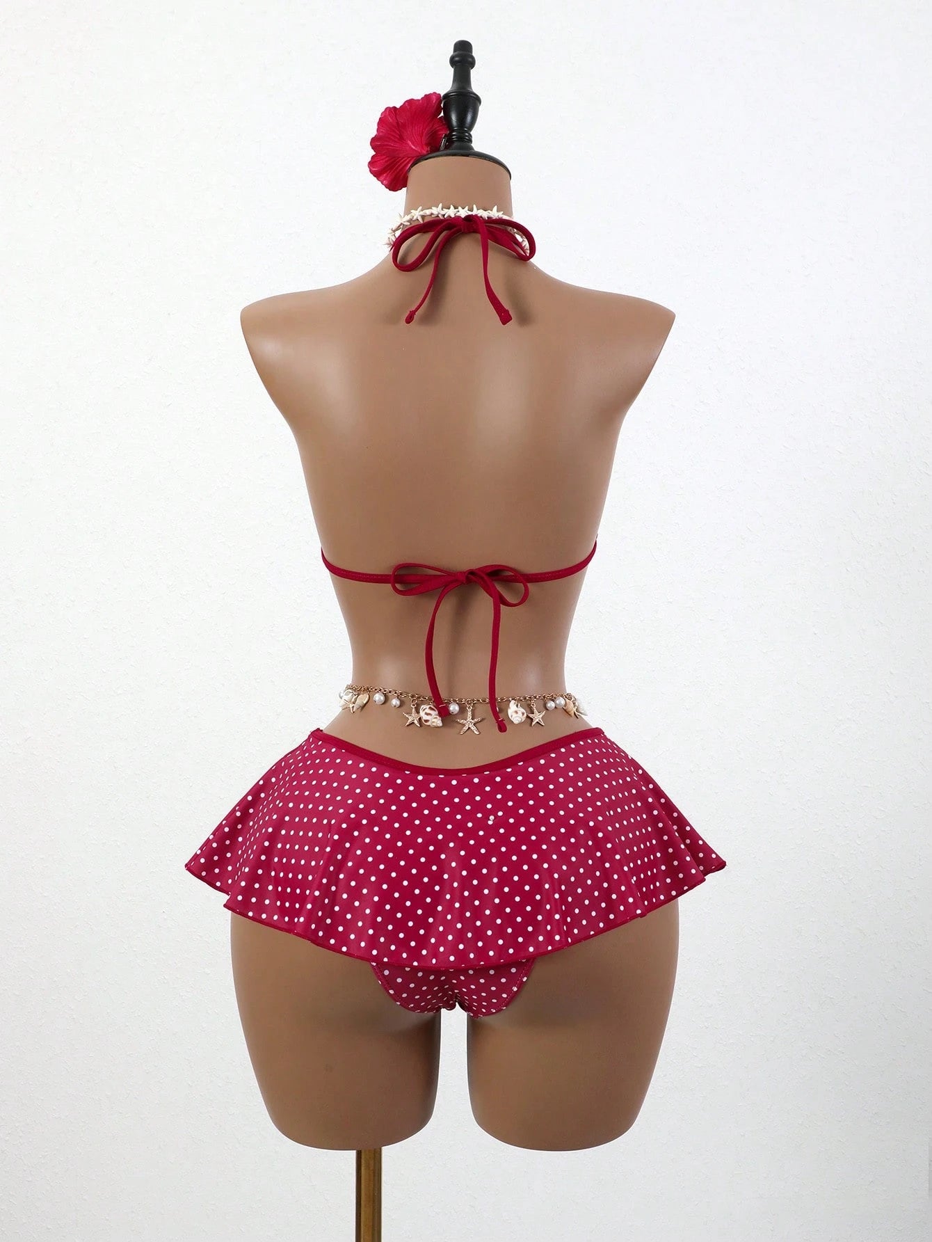 Swim Mod Women Red And White Polka Dot Bikini Set,Summer Tropical