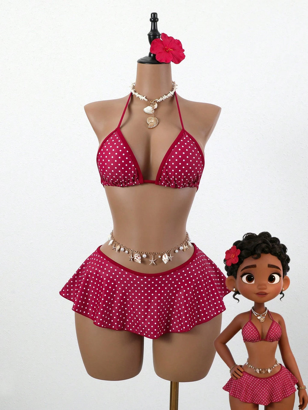 Swim Mod Women Red And White Polka Dot Bikini Set,Summer Tropical