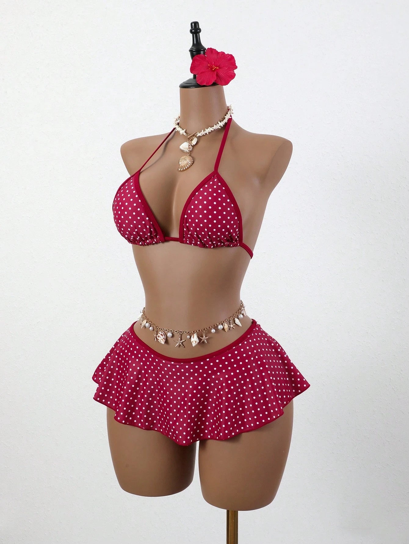 Swim Mod Women Red And White Polka Dot Bikini Set,Summer Tropical
