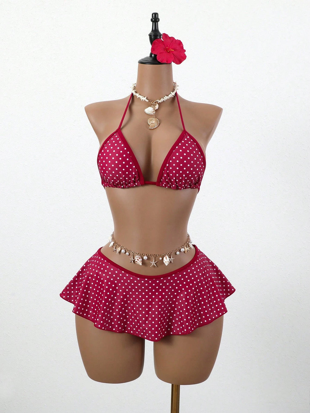 Swim Mod Women Red And White Polka Dot Bikini Set,Summer Tropical