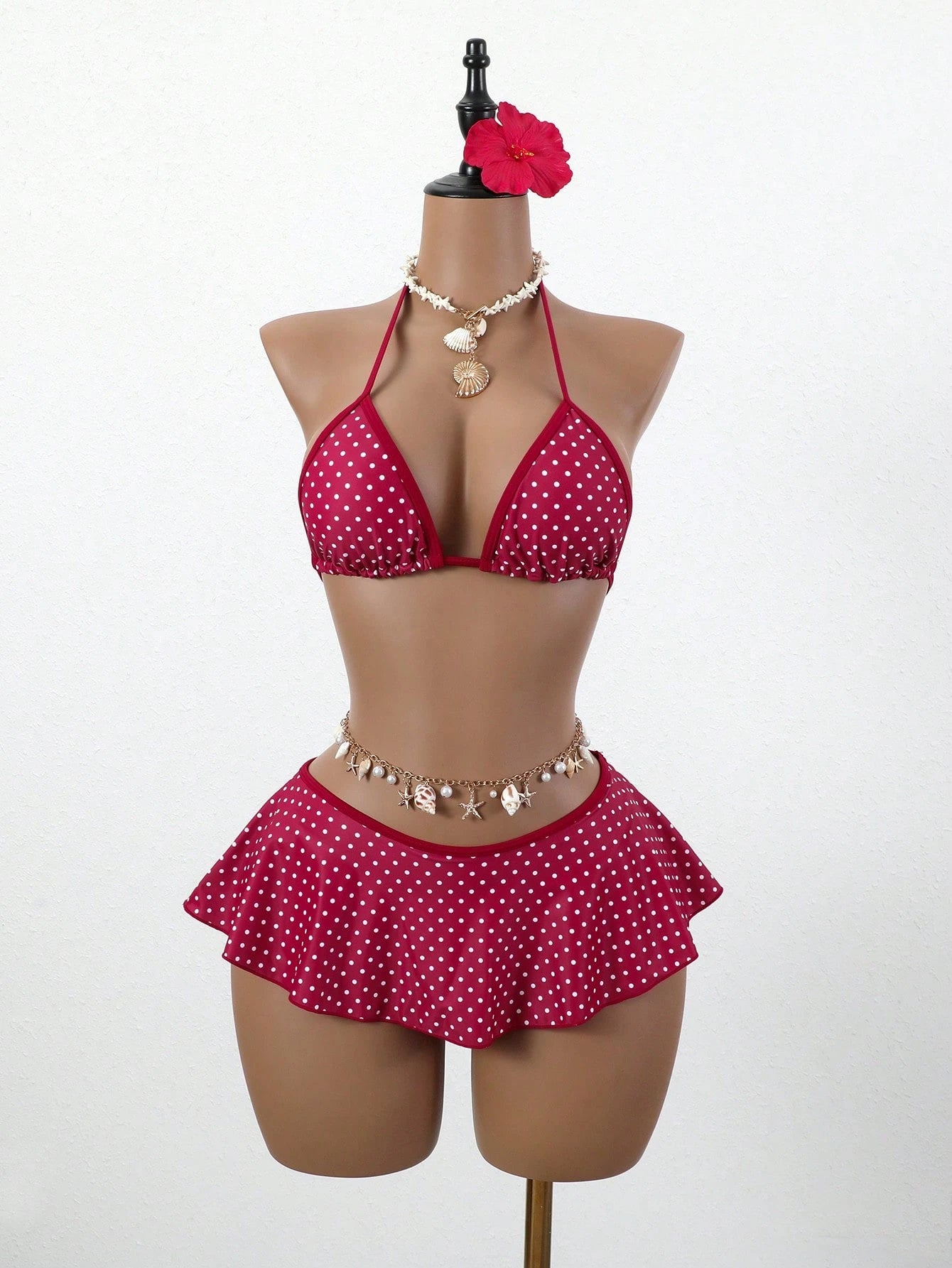 Swim Mod Women Red And White Polka Dot Bikini Set,Summer Tropical