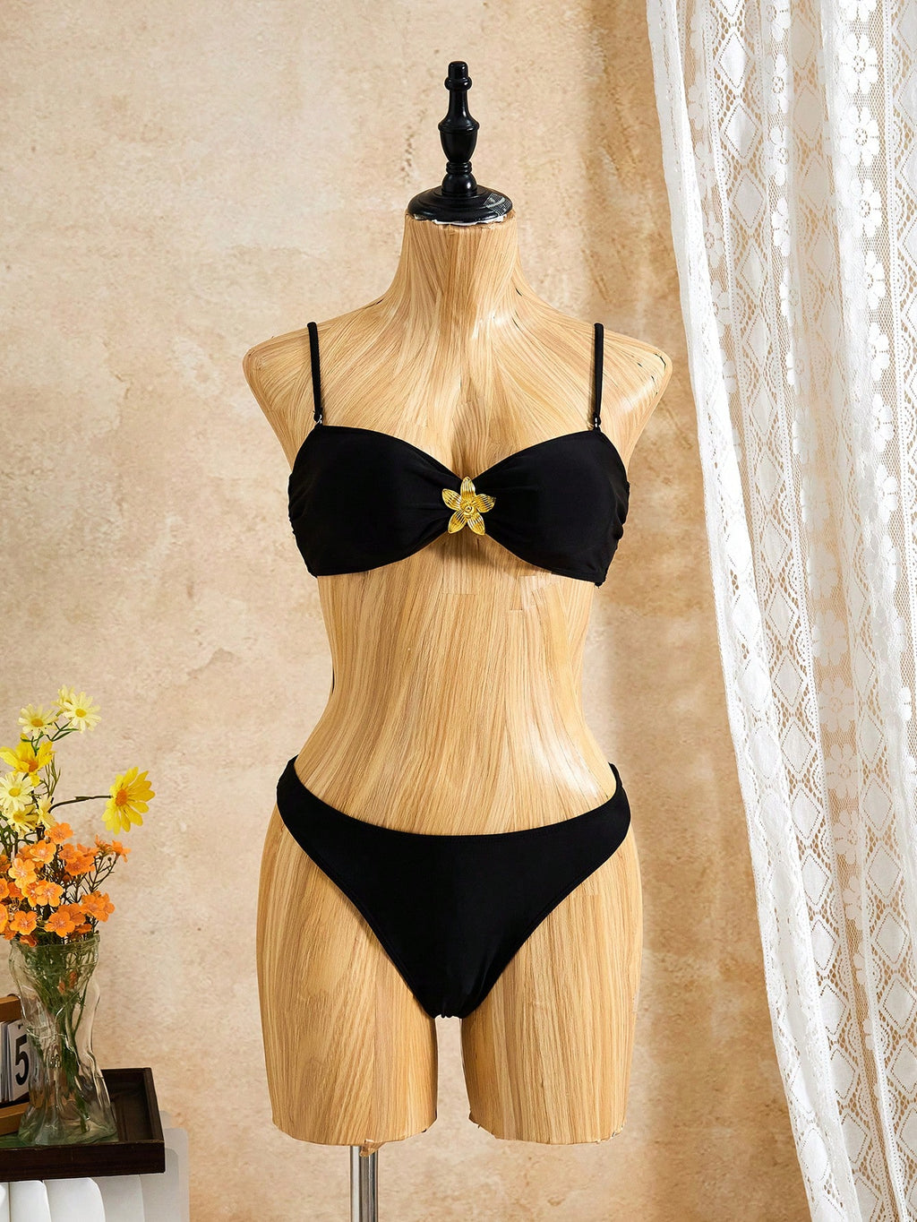 Women's Summer Beach Bikini Set, Metal Flower Decor With Removable