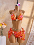 Bellisia Burnt Orange Women's Floral Print Bikini 3-Piece Set,Metal