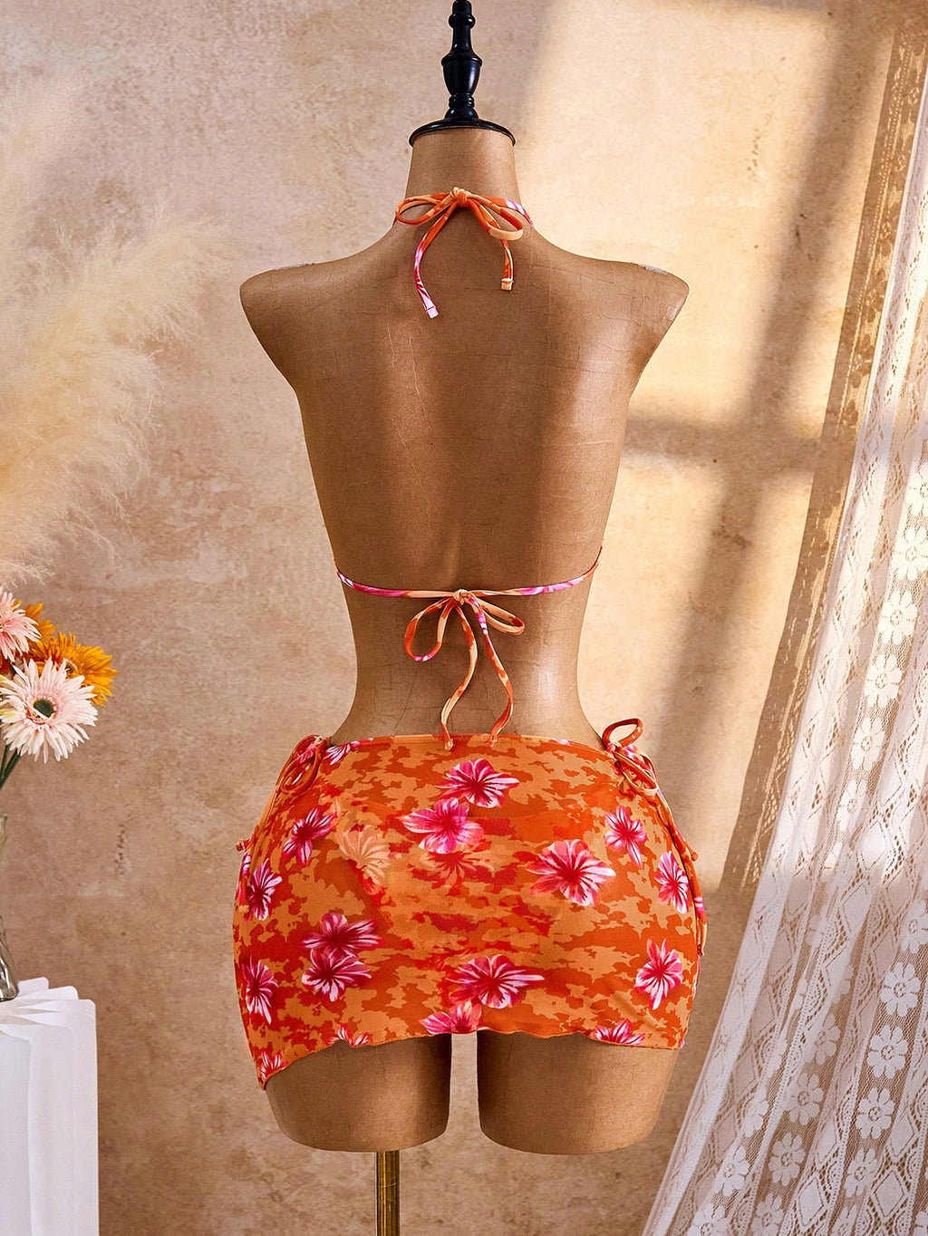 Bellisia Burnt Orange Women's Floral Print Bikini 3-Piece Set,Metal