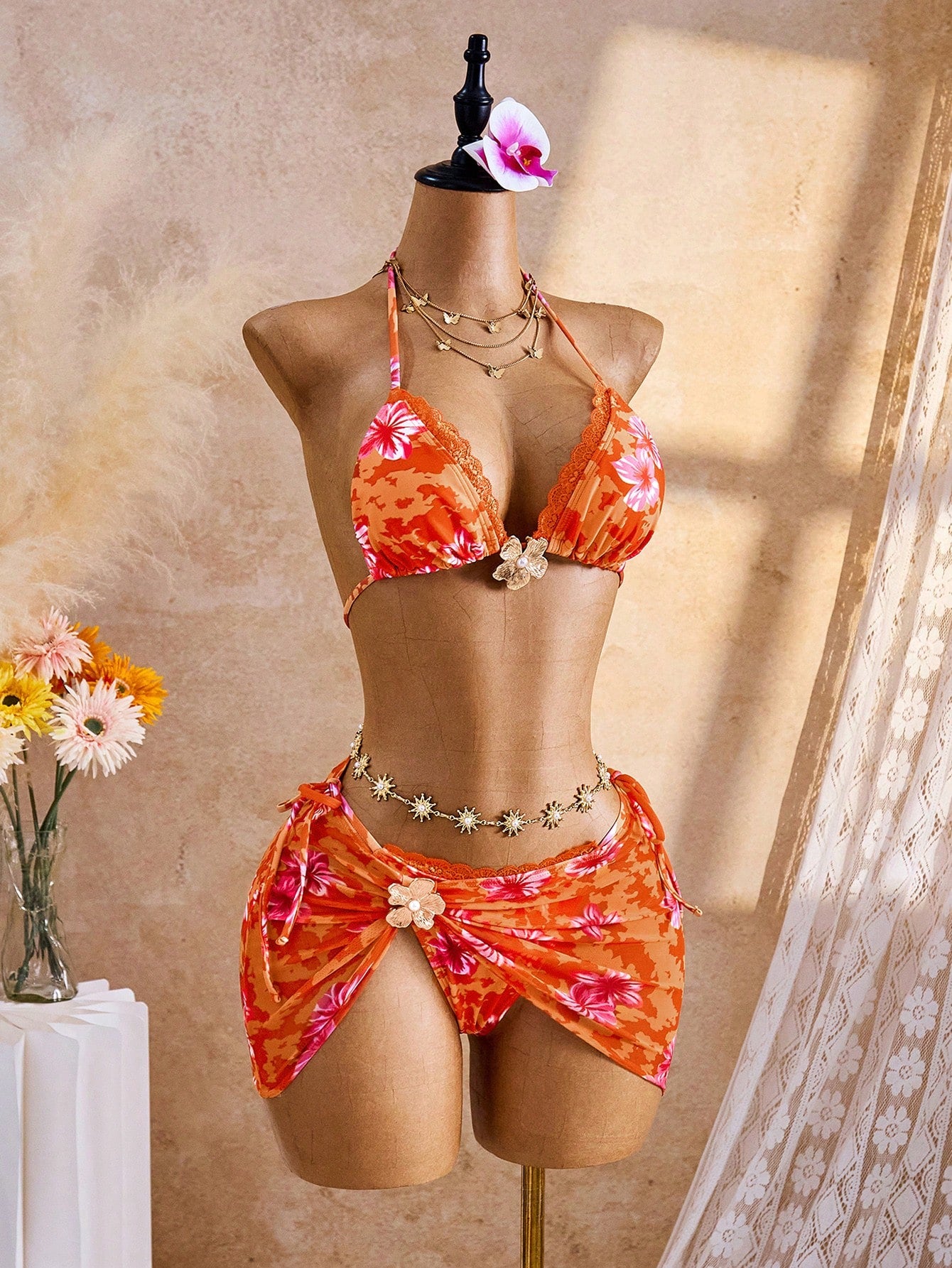 Bellisia Burnt Orange Women's Floral Print Bikini 3-Piece Set,Metal