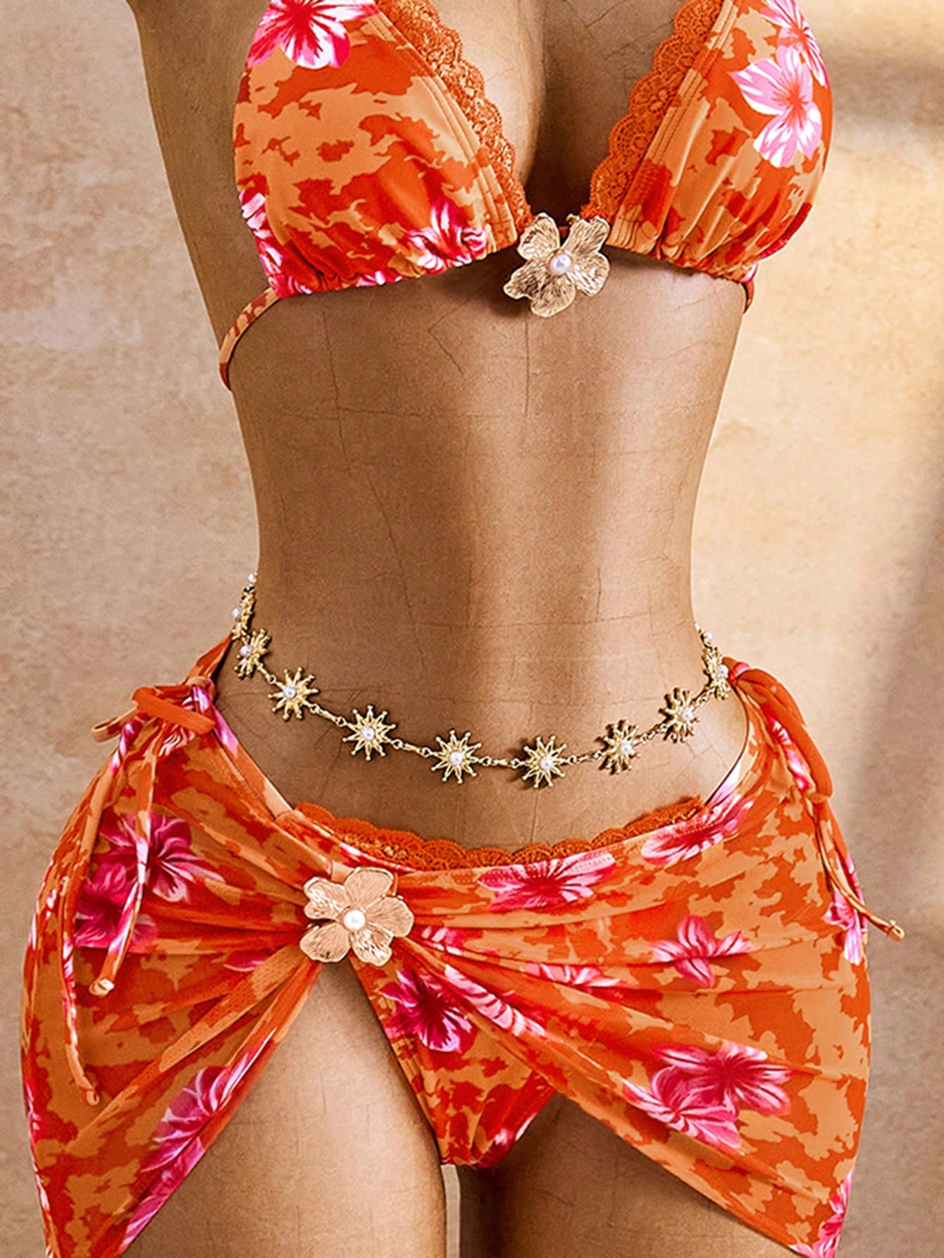 Bellisia Burnt Orange Women's Floral Print Bikini 3-Piece Set,Metal Flower Decor Lace Trim,Sweet & Lady - image 5