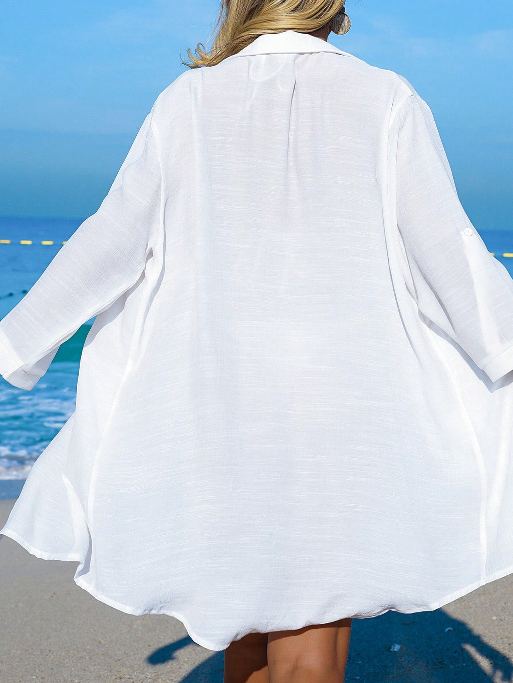Breezaya Women's White Coconut Tree Button Casual Vacation Beach Kimono Cover Up - image 4