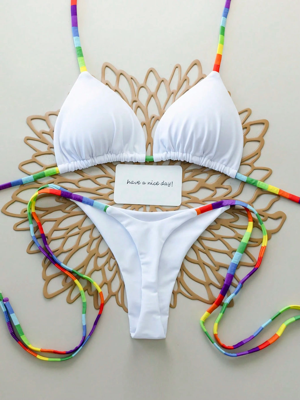 2pcs Rainbow Striped Sexy Backless Tie-Back Swimwear, Fashionable Bikini Set For