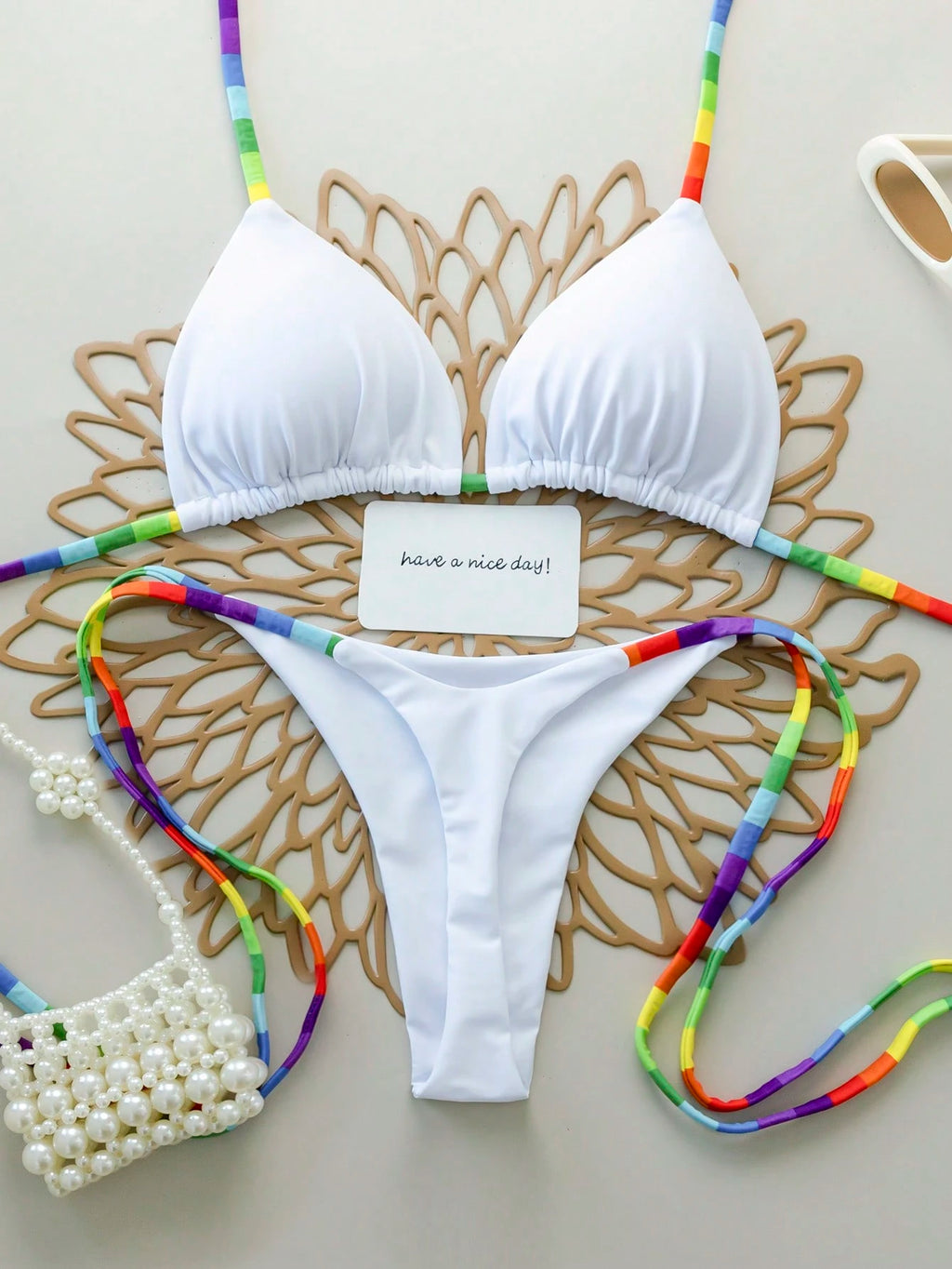2pcs Rainbow Striped Sexy Backless Tie-Back Swimwear, Fashionable Bikini Set For