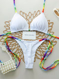 2pcs Rainbow Striped Sexy Backless Tie-Back Swimwear, Fashionable Bikini Set For
