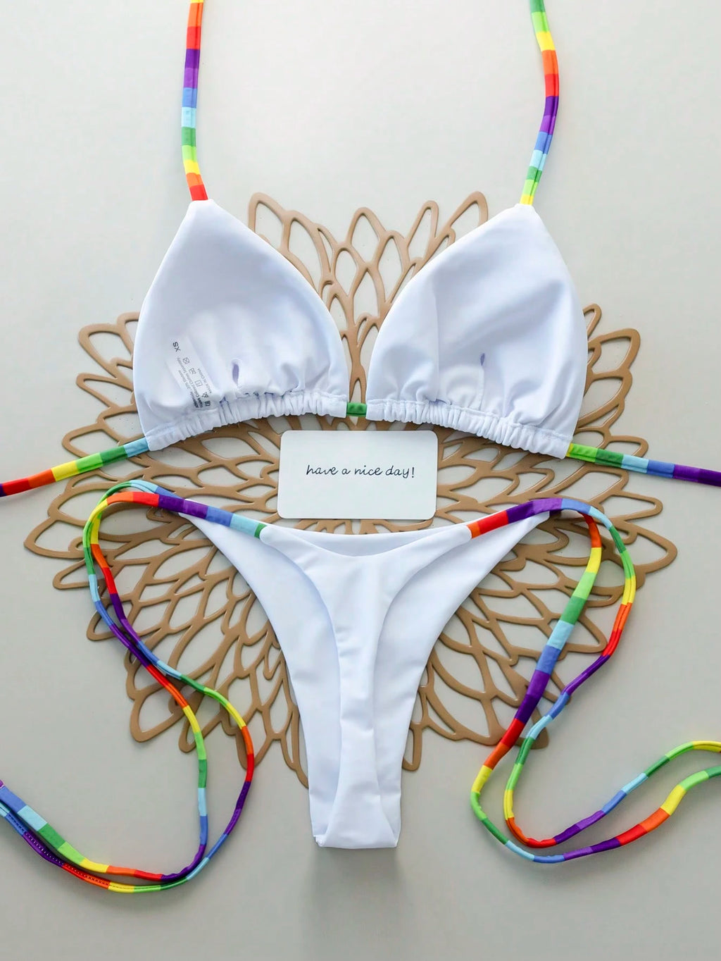 2pcs Rainbow Striped Sexy Backless Tie-Back Swimwear, Fashionable Bikini Set For