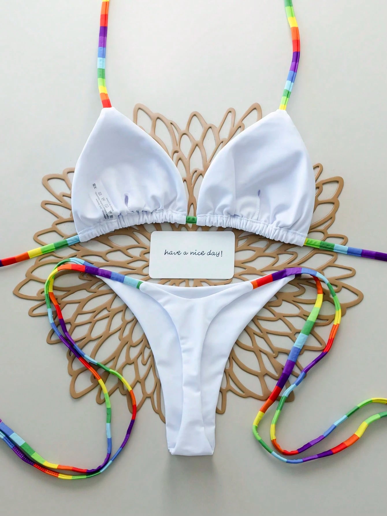 2pcs Rainbow Striped Sexy Backless Tie-Back Swimwear, Fashionable Bikini Set For