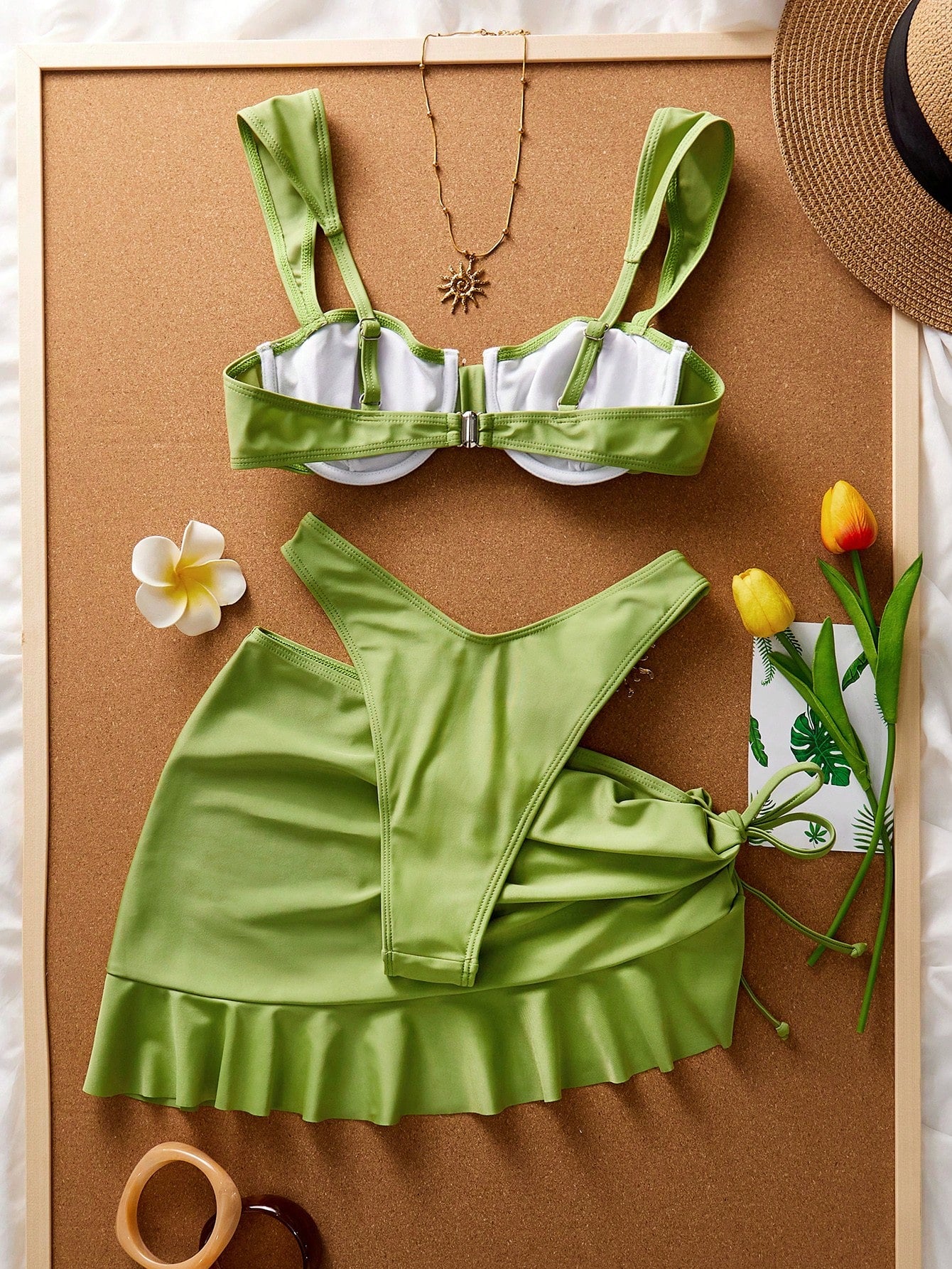 3 Pieces Solid Color Tankini Swimwear Set, Wide Strap Design With Underwire For