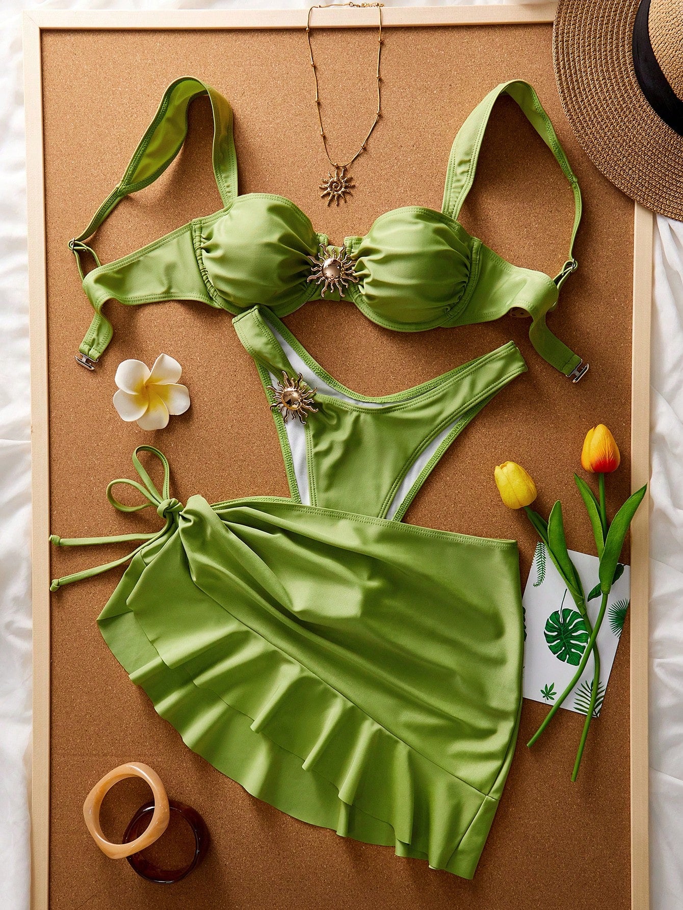 3 Pieces Solid Color Tankini Swimwear Set, Wide Strap Design With Underwire For