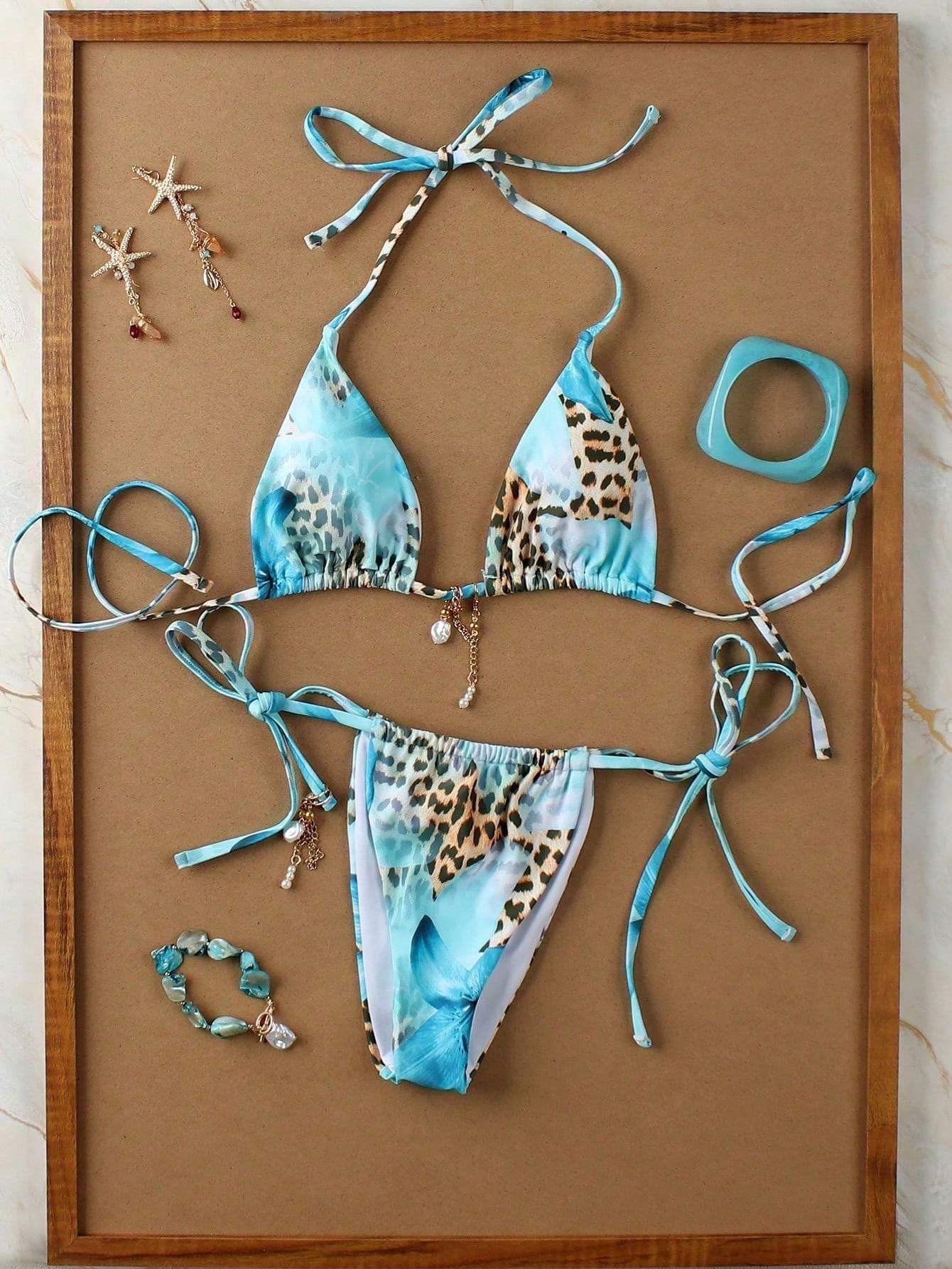 Women's Sexy Casual Elegant Beach Date Halter Neck Leopard Print Patchwork Backless Bikini Set Set, - image 4