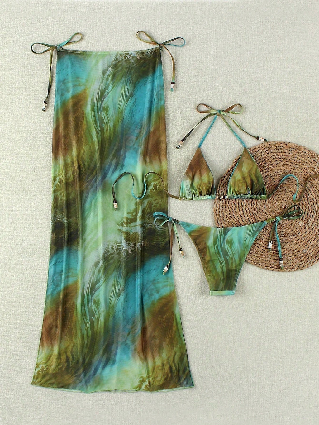 New Spring/Summer Women's Green Tie-Dye Halter Sexy Casual Elegant Bikini Set Se