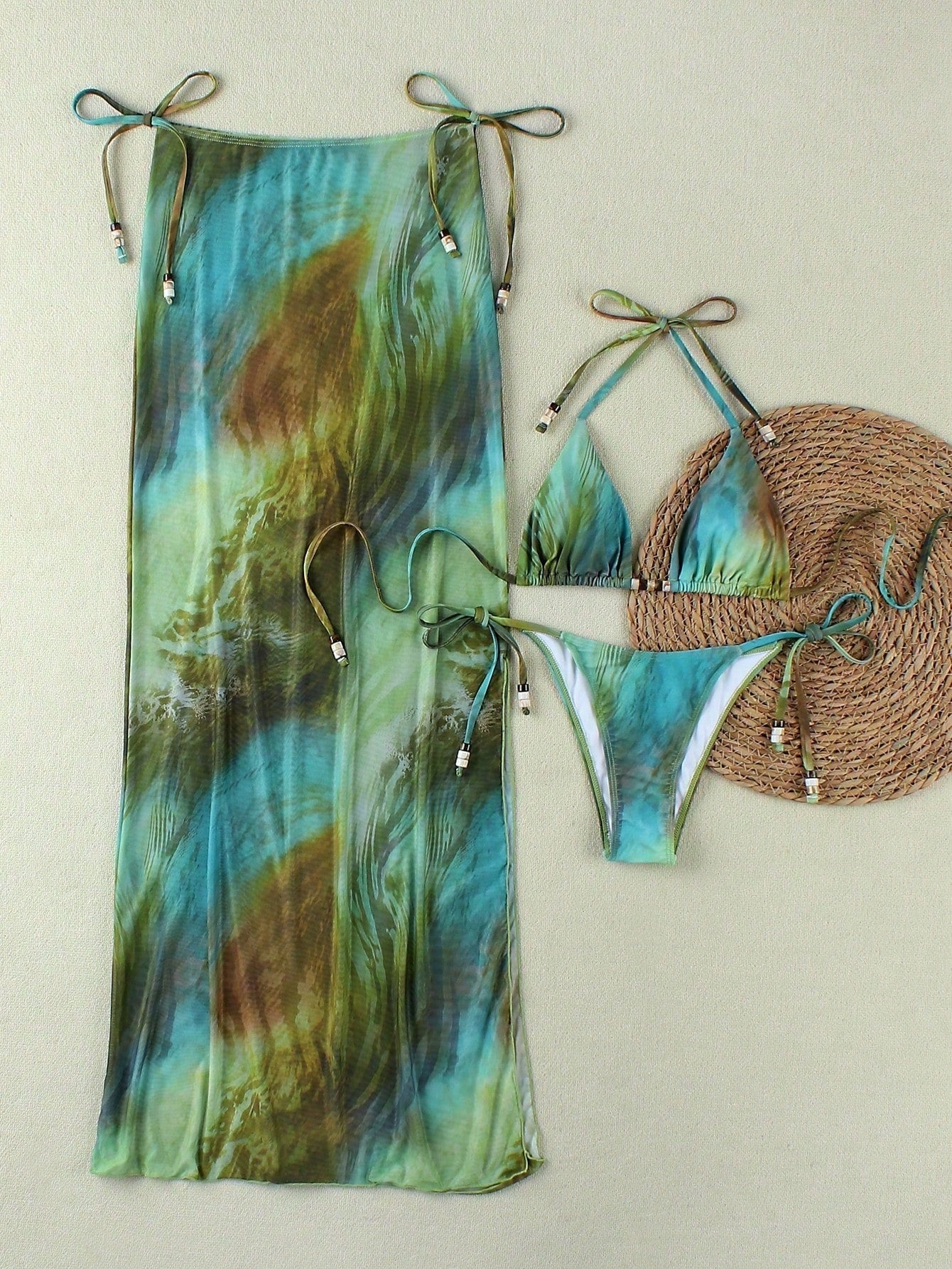 New Spring/Summer Women's Green Tie-Dye Halter Sexy Casual Elegant Bikini Set Se