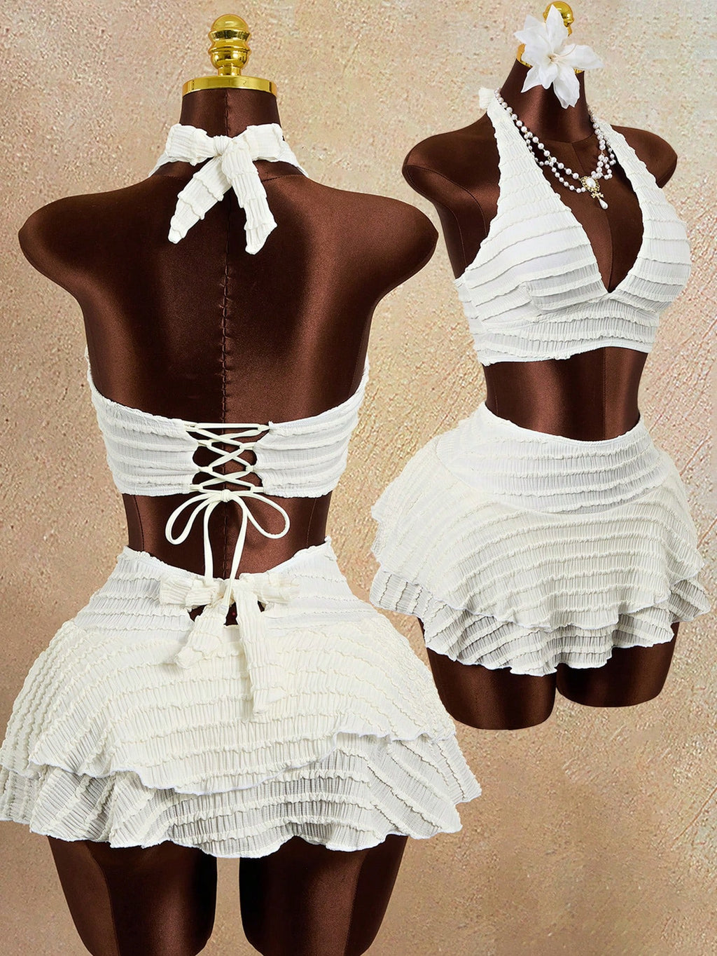 Zestiva Women's White Textured Trim Halter Bikini Top, Bottom & Skirt