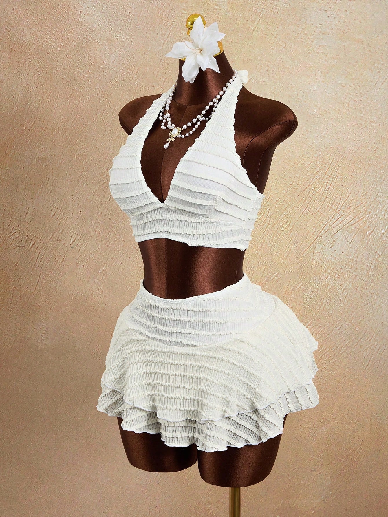 Zestiva Women's White Textured Trim Halter Bikini Top, Bottom & Skirt
