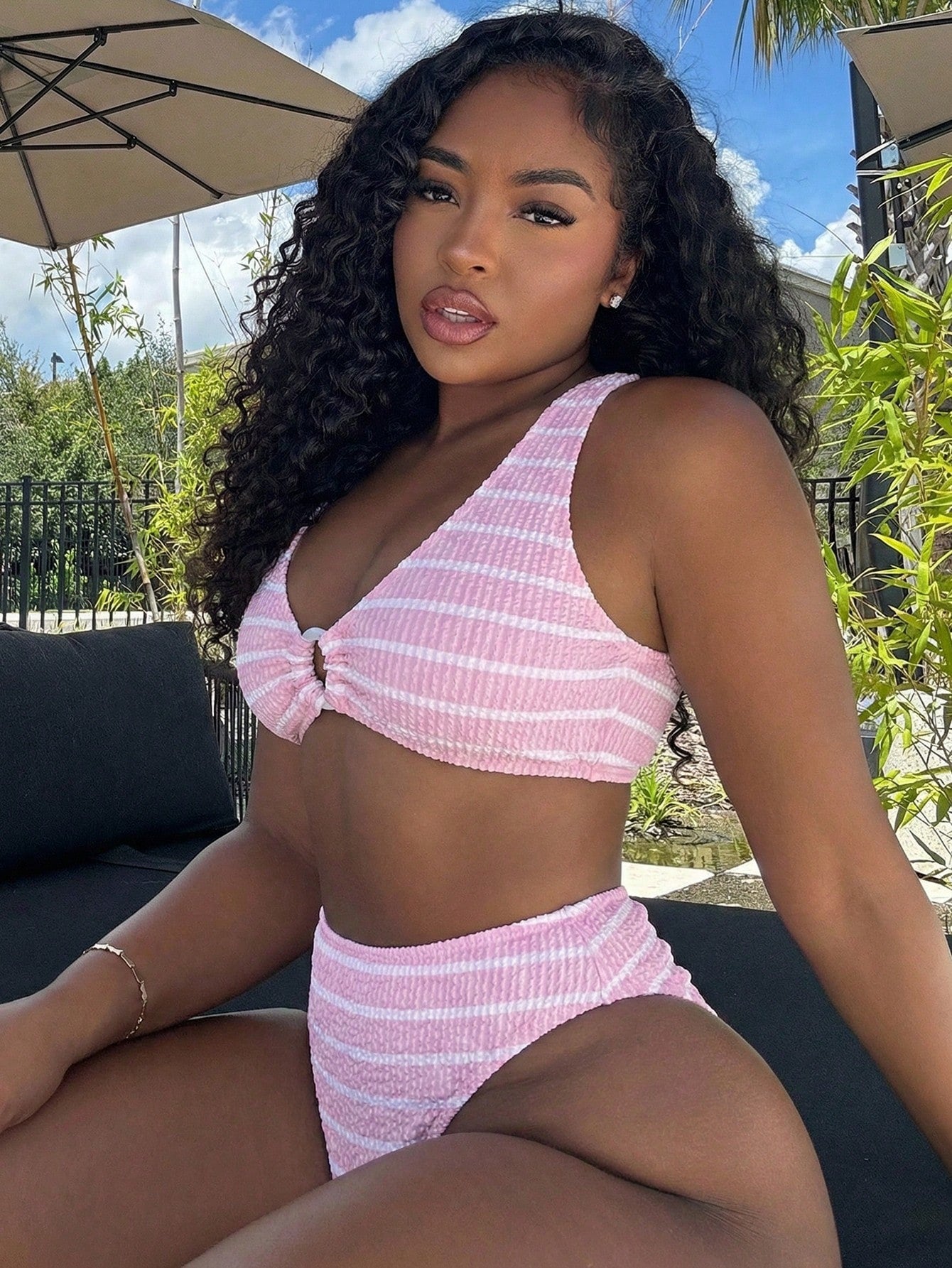 Alexandranx Ladies' Striped Circular Link Sexy Bikini Set For Summer