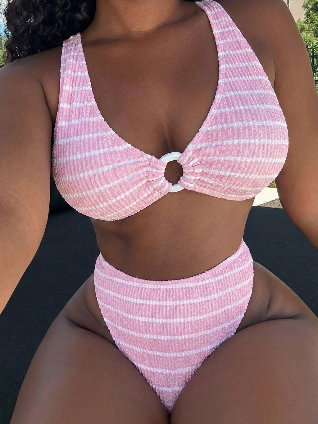 Alexandranx Ladies' Striped Circular Link Sexy Bikini Set For Summer