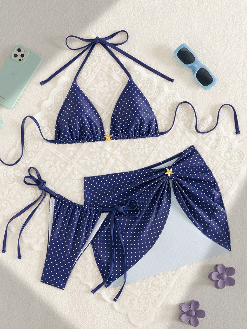 Swim Mod 3pcs Summer New Solid Color Tie Halter Triangle Bikini Top & Mini Skirt