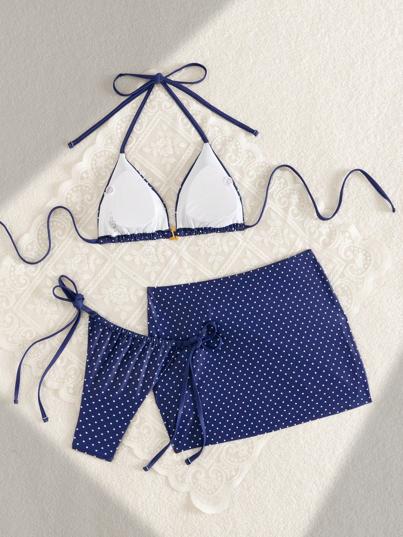 Swim Mod 3pcs Summer New Solid Color Tie Halter Triangle Bikini Top & Mini Skirt