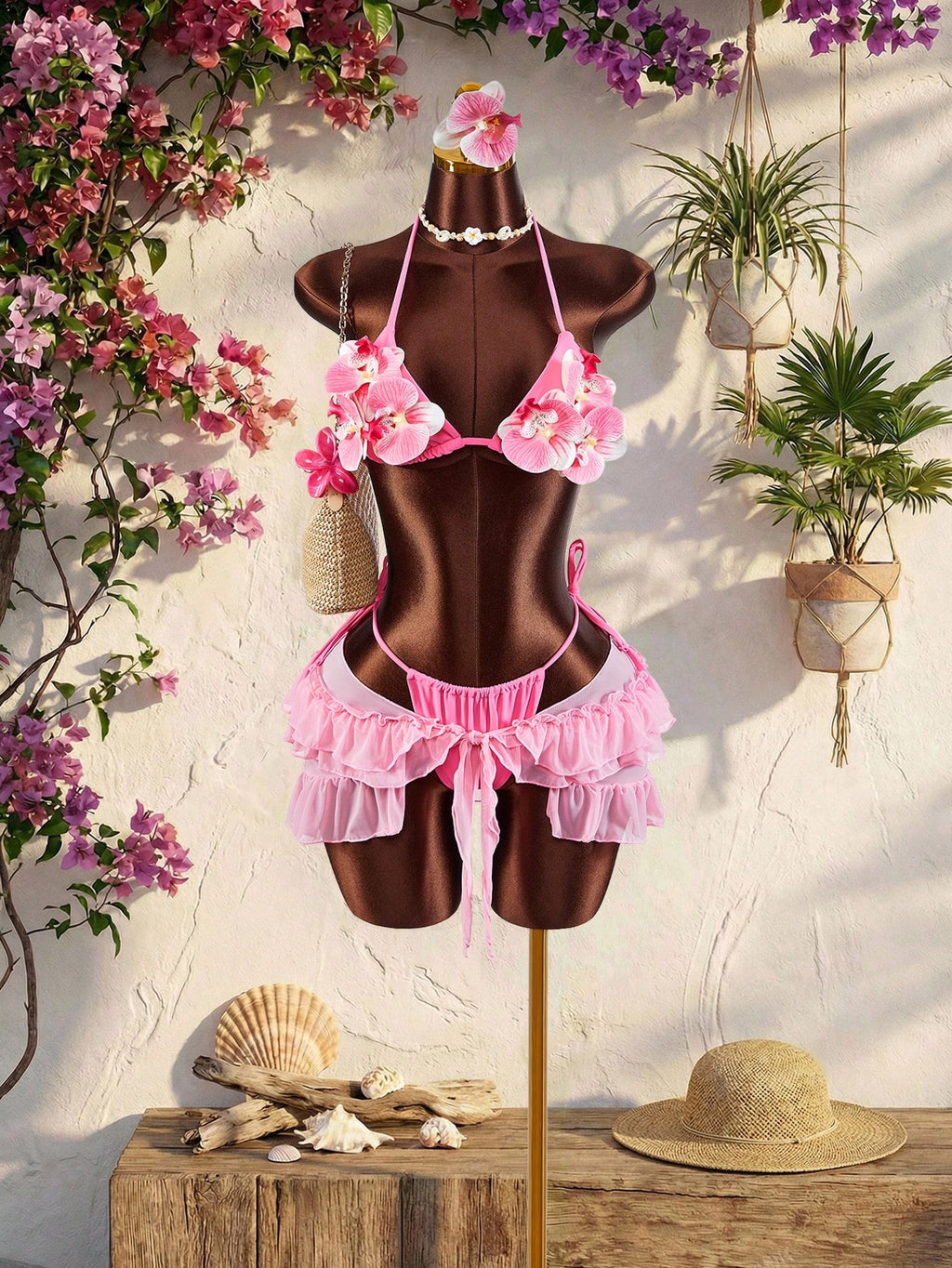 Amplova 3pcs Women's Swimwear Set With 3D Floral Cups, Butterfly Orchid Cups, So