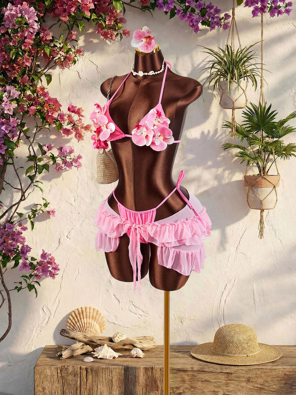 Amplova 3pcs Women's Swimwear Set With 3D Floral Cups, Butterfly Orchid Cups, So