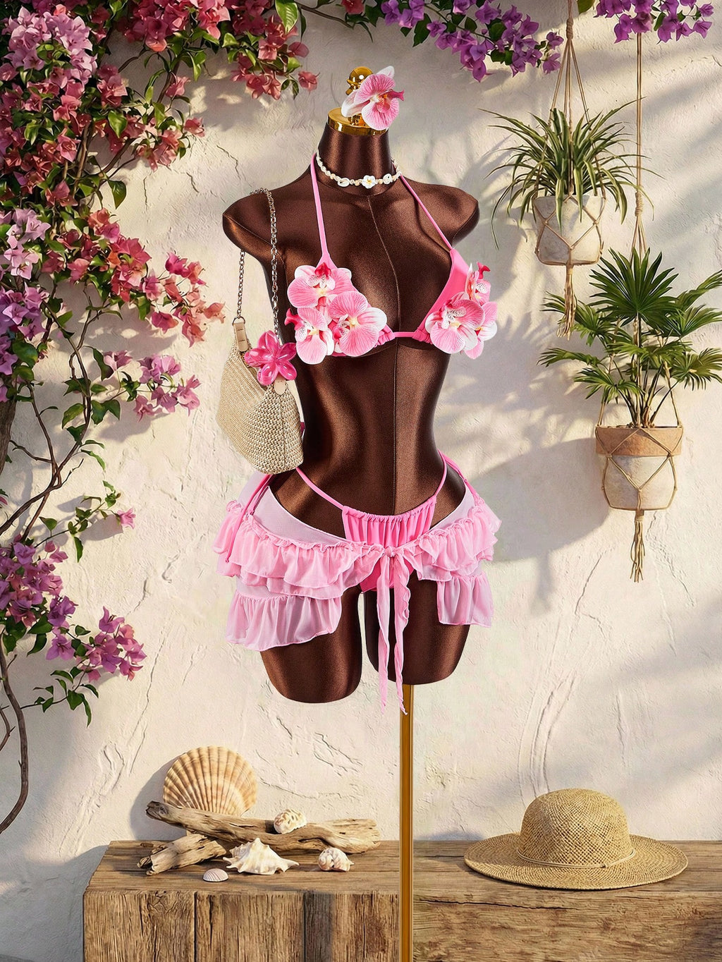 Amplova 3pcs Women's Swimwear Set With 3D Floral Cups, Butterfly Orchid Cups, So