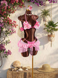 Amplova 3pcs Women's Swimwear Set With 3D Floral Cups, Butterfly Orchid Cups, So