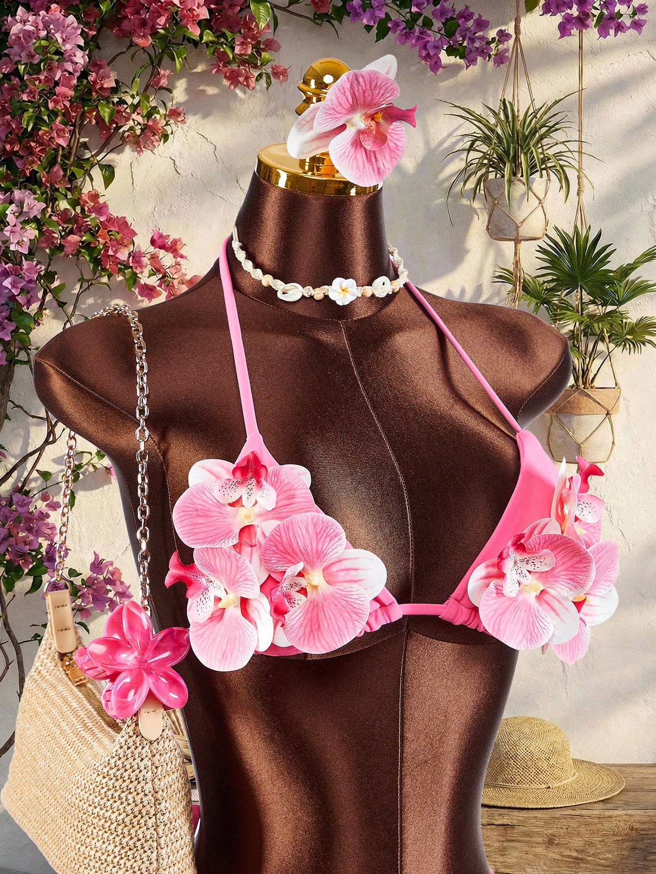 Amplova 3pcs Women's Swimwear Set With 3D Floral Cups, Butterfly Orchid Cups, So