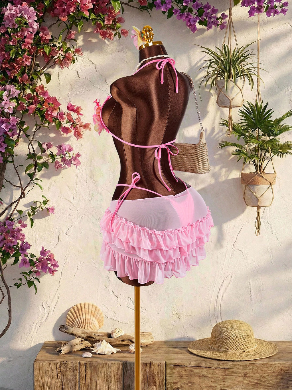 Amplova 3pcs Women's Swimwear Set With 3D Floral Cups, Butterfly Orchid Cups, So
