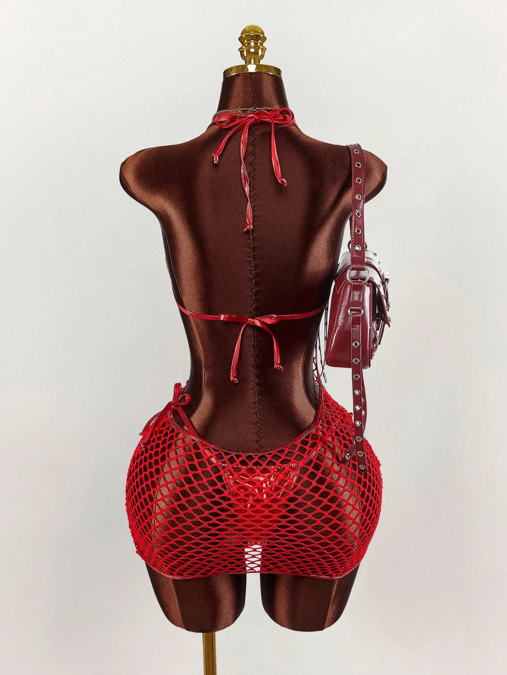 Amplova Women's Swimwear Set,Shiny Bikini With Mesh Cover-Up,Red,Summer,Beach Party,Rave,Avant-Garde Bathing - image 2