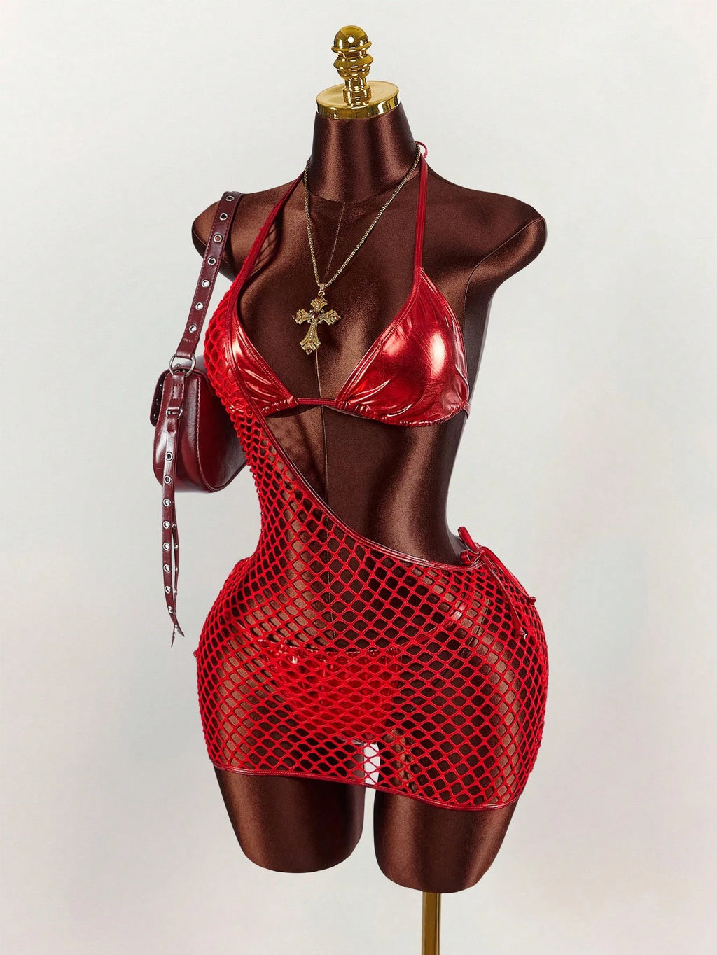 Amplova Women's Swimwear Set,Shiny Bikini With Mesh Cover-Up,Red,Summer,Beach Party,Rave,Avant-Garde Bathing
