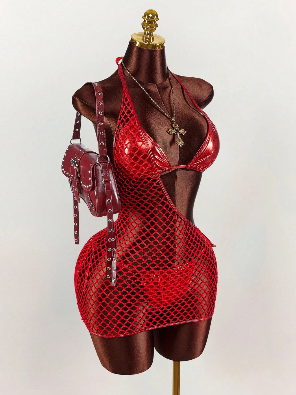 Amplova Women's Swimwear Set,Shiny Bikini With Mesh Cover-Up,Red,Summer,Beach Party,Rave,Avant-Garde Bathing - image 4